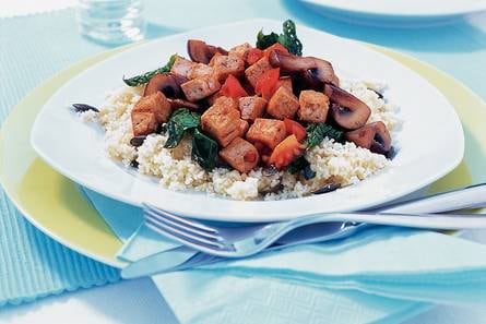 Tofu met paddestoelen en spinazie