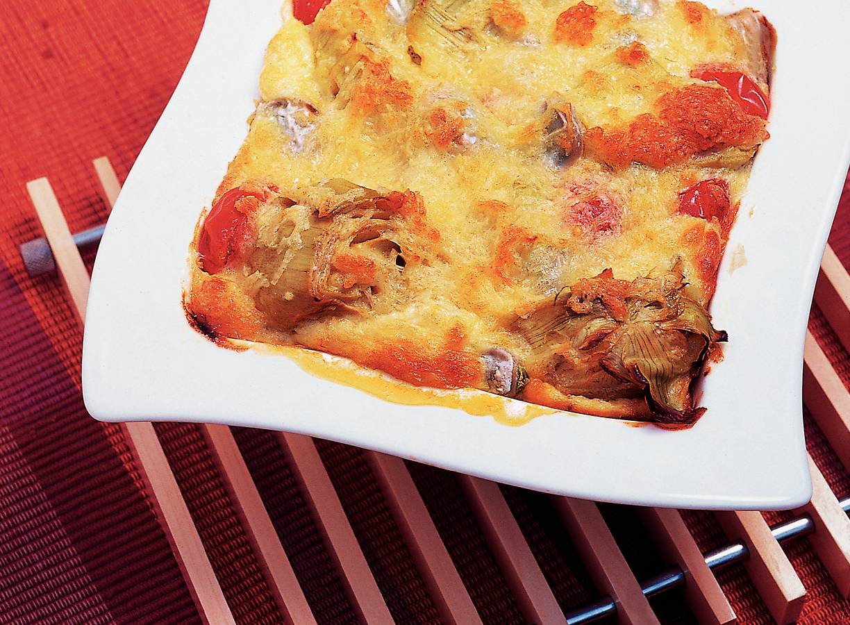 Gratin van artisjok en tuinbonen
