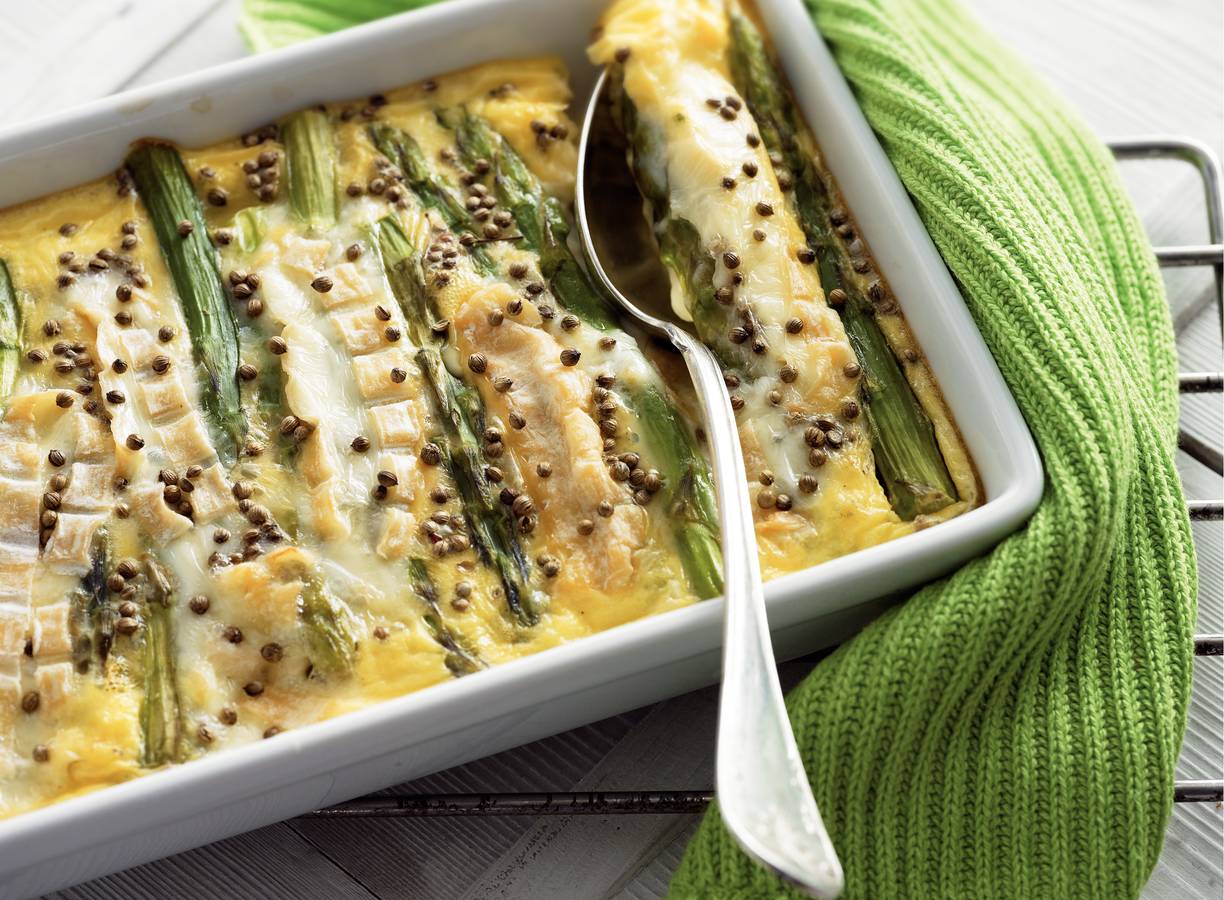 Clafoutis van groene asperges met Chaumes