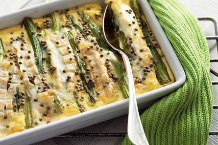 Clafoutis van groene asperges met Chaumes