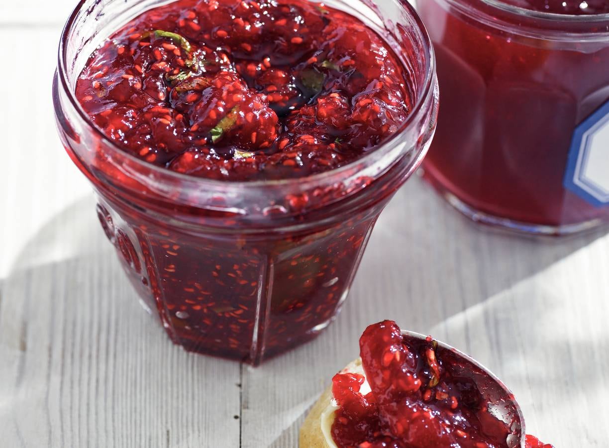 Frambozenjam met munt