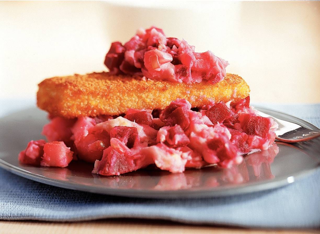 Bietenstamppot met visschnitzel