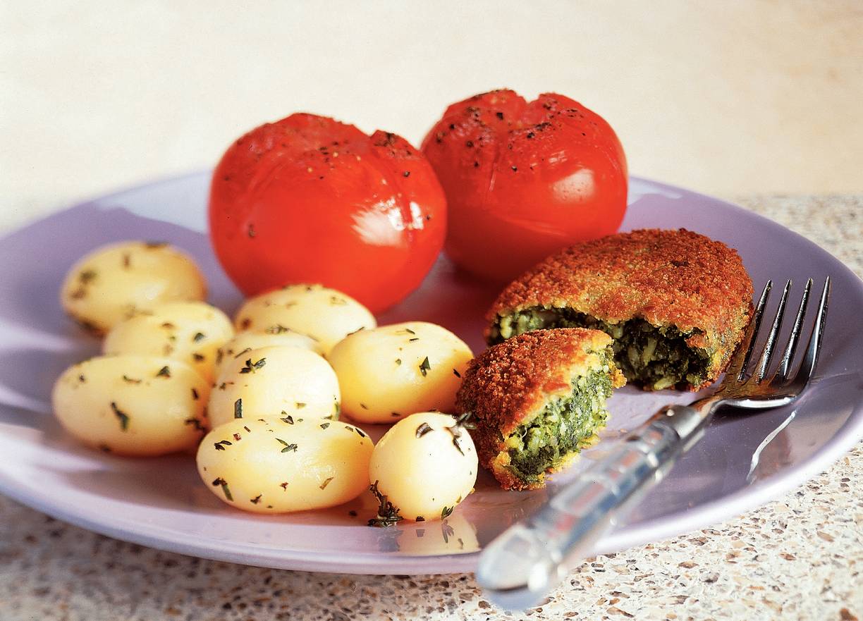 Spinazieschnitzel met kruidenkrieltjes