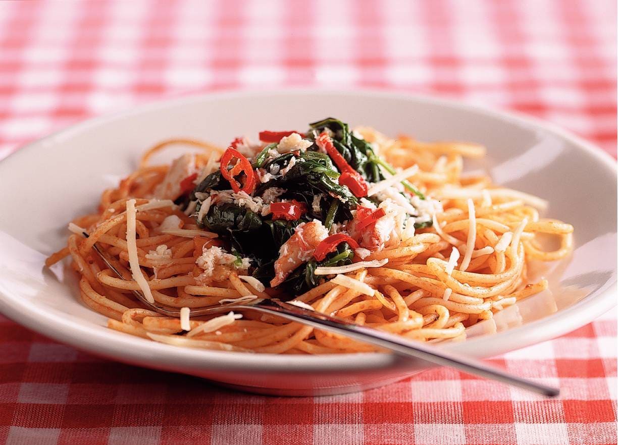 Tomatenspaghetti met krab