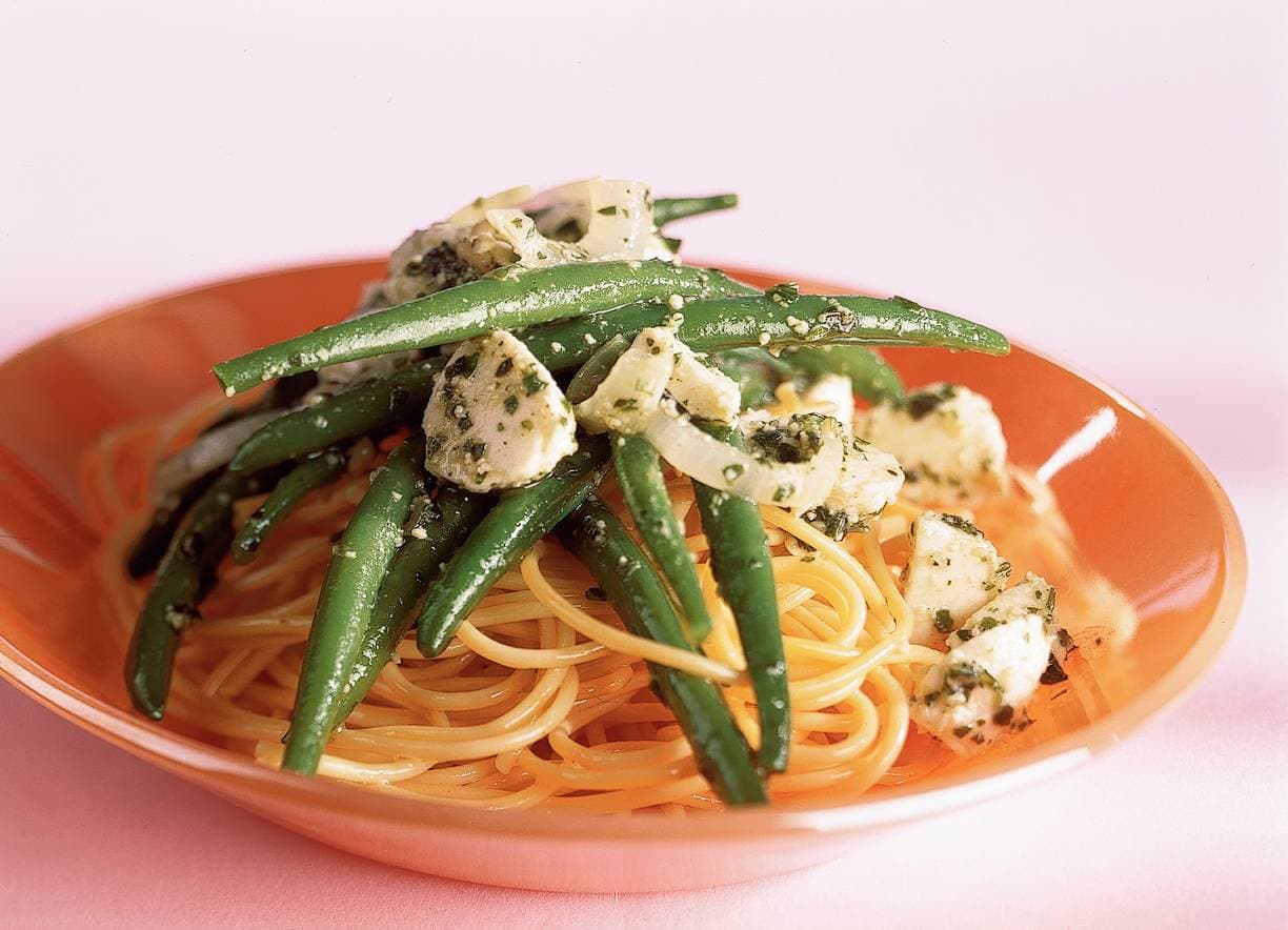 Pesto-pasta met sperziebonen