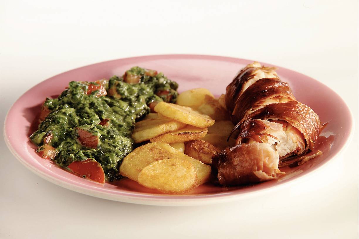 Ham-kiprolletjes met spinazie