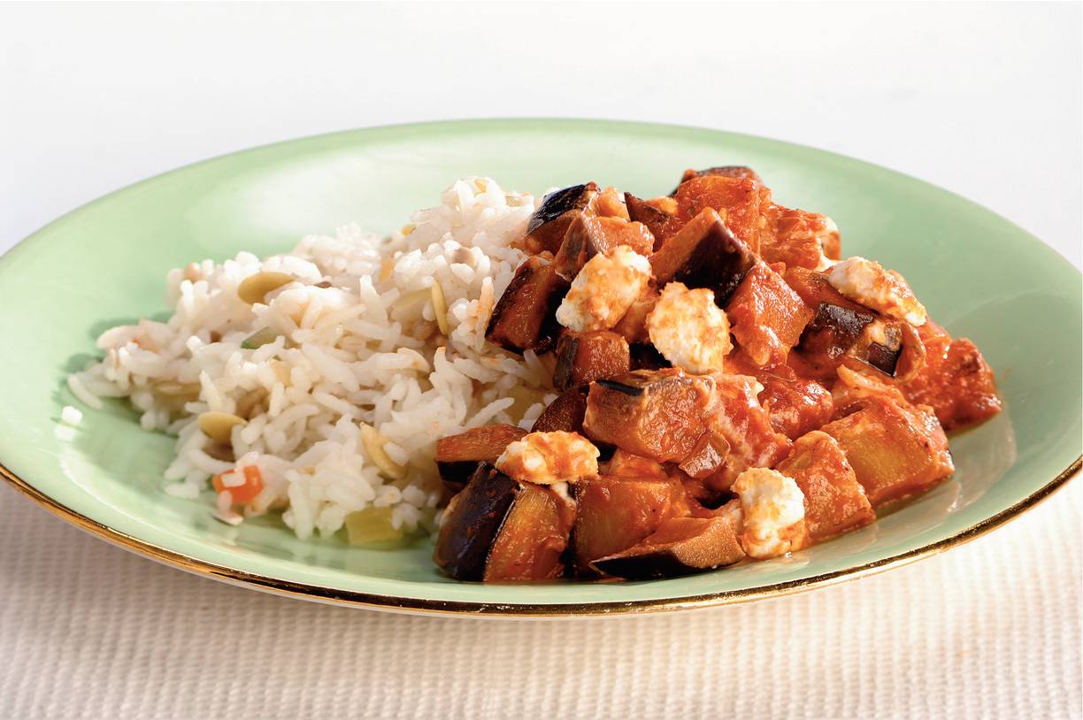 Griekse aubergineschotel met geitenkaas