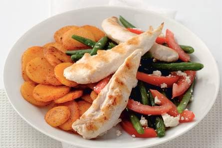 Kipfilethaasjes met aardappelschijfjes