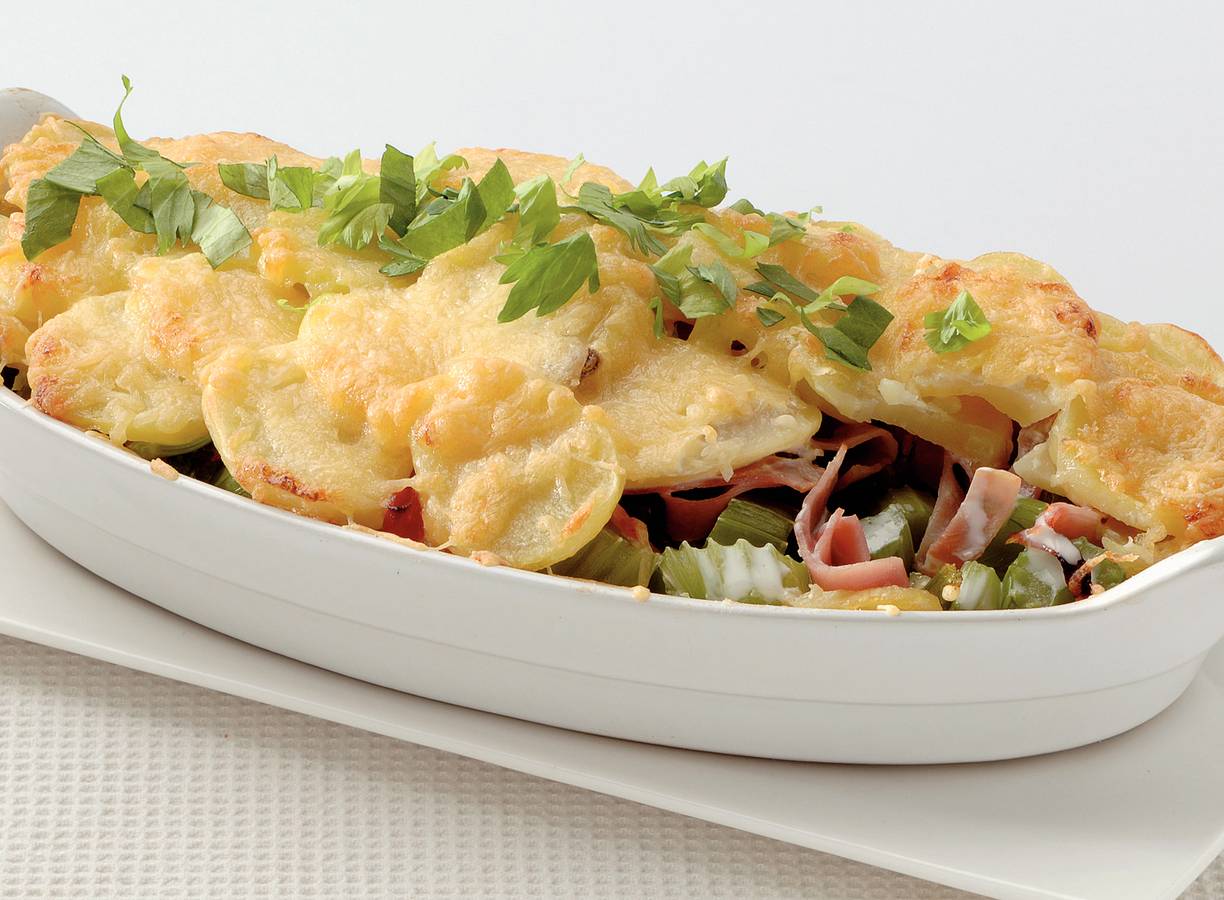 Romige bleekselderijgratin met ham