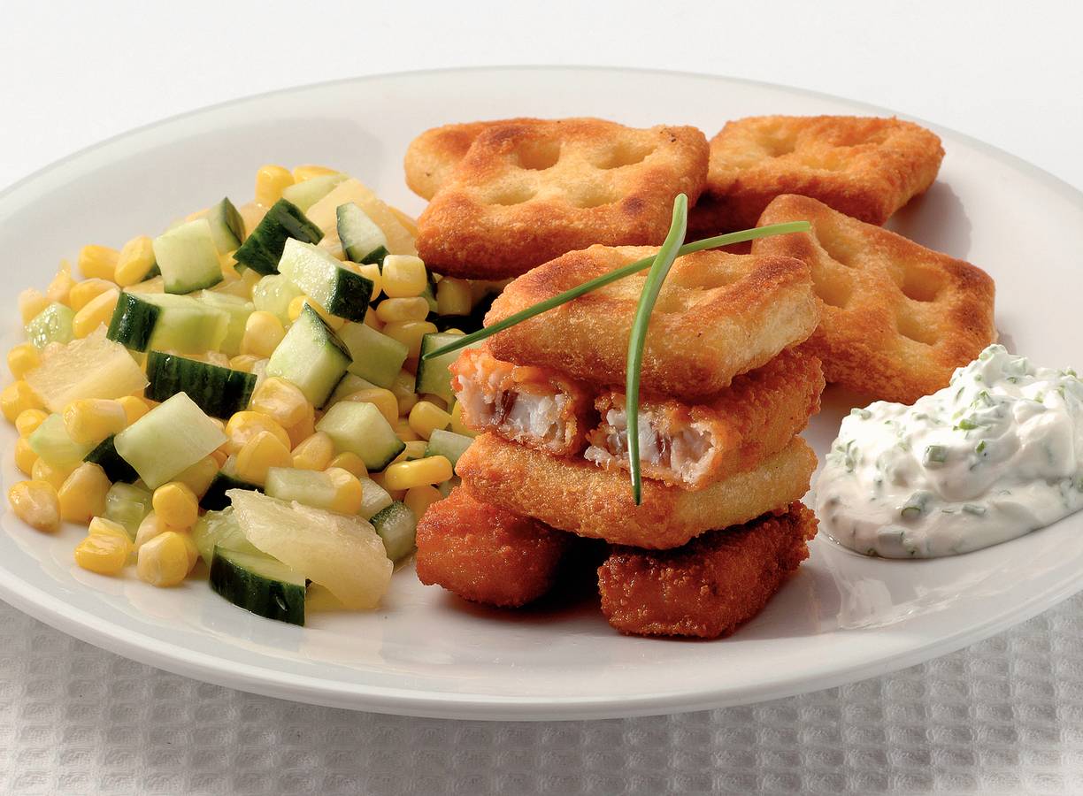 Vissticks met aardappelwafeltjes