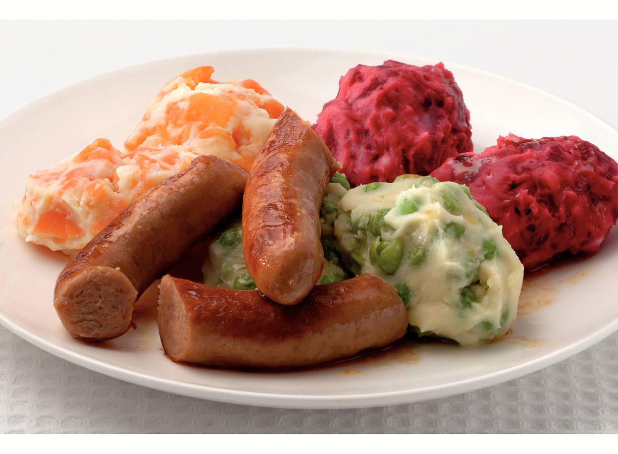 Kipchipolataworstje met driekleurenpuree