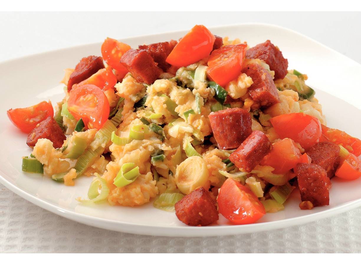 Pesto-preistamppotje met chorizo