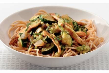 Spaghetti met courgette-muntsaus en kip