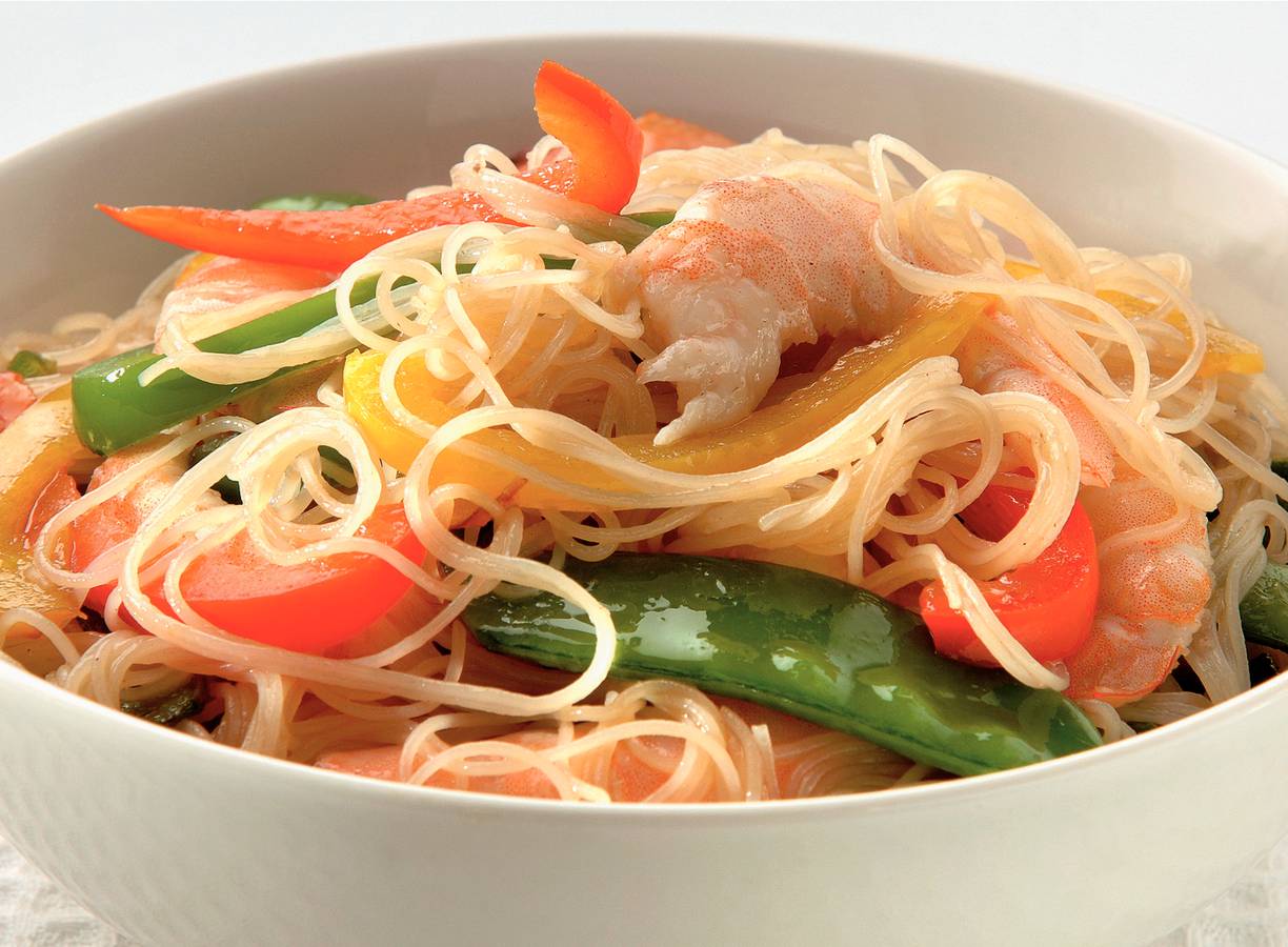 Mihoen met gamba's en teriyakisaus
