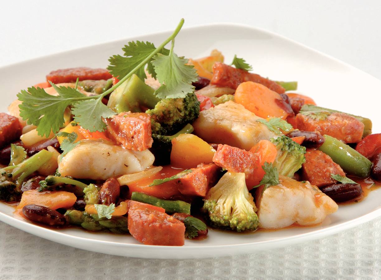 Vis-chili met kidneybonen en chorizo
