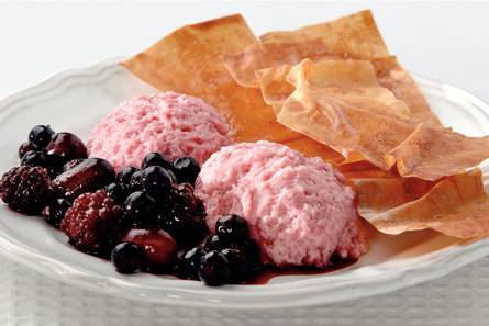 Fruitmousse en flinterdunne honingkoek