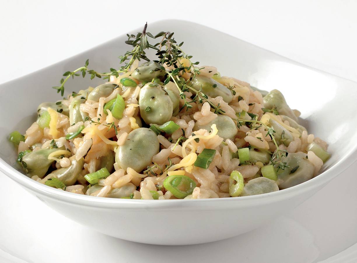 Kaas-tijmrisotto met tuinboontjes
