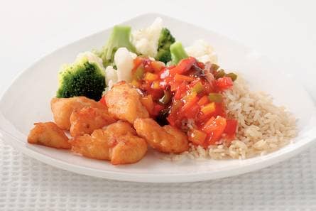 Kibbeling in zoetzure saus met rijst