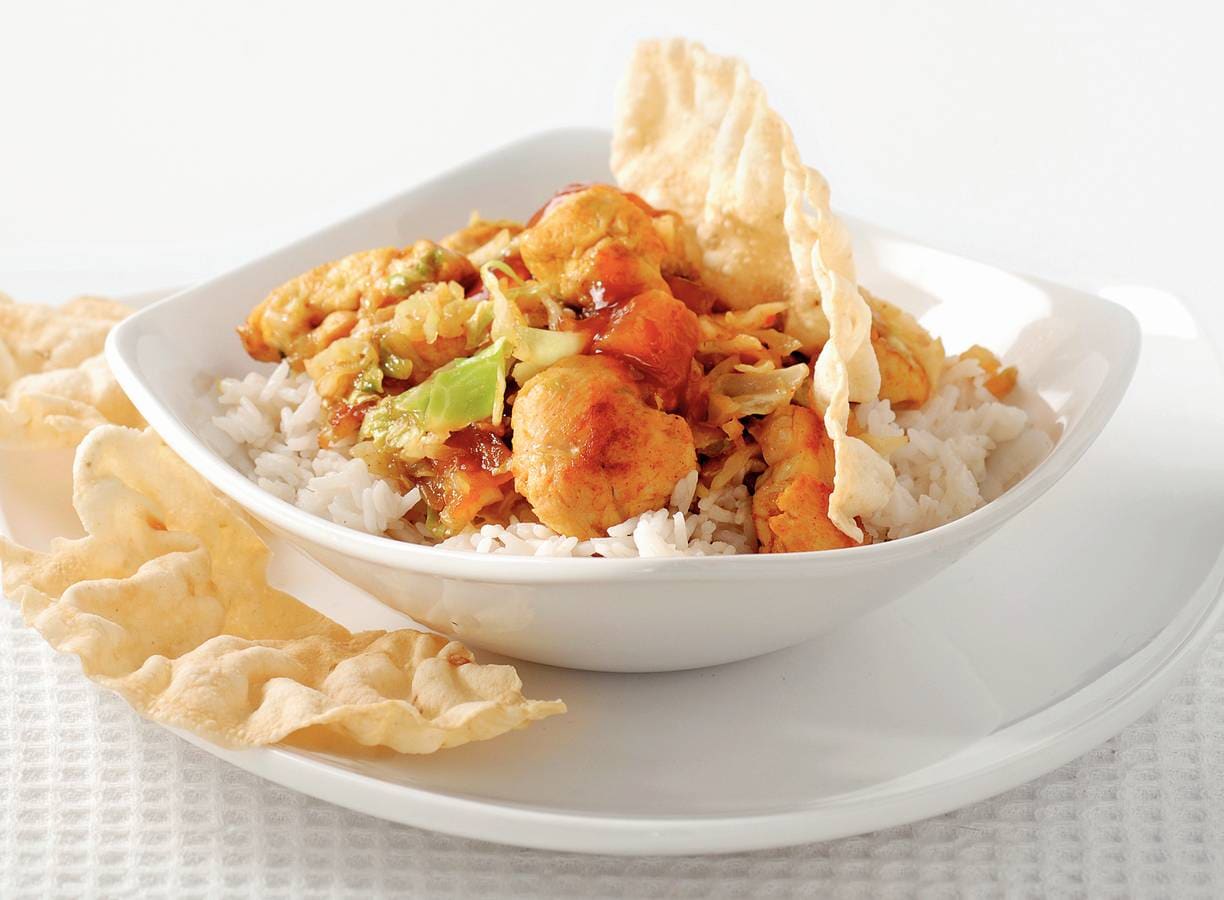 Roerbakkip met kokosrijst en mangochutney
