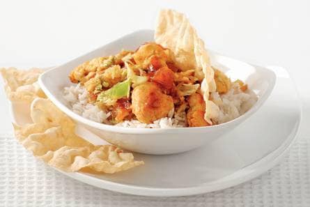 Roerbakkip met kokosrijst en mangochutney