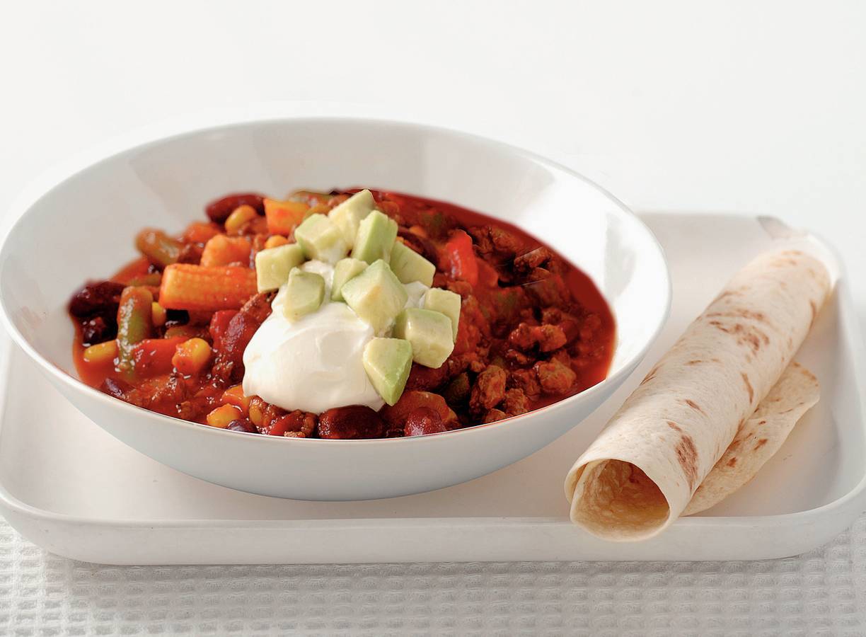 Vegetarische chili met tortilla's