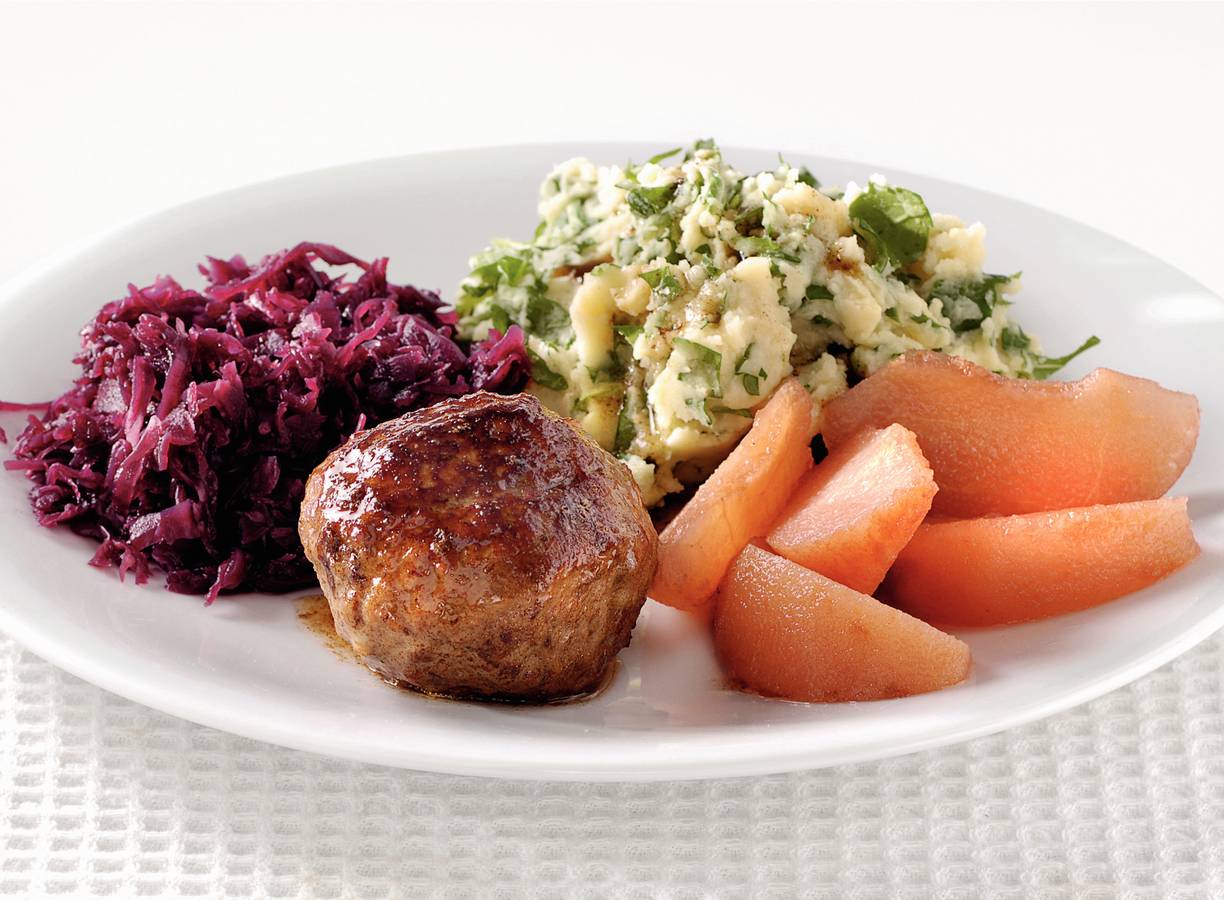 Rucolapuree met rodekool en stoofperen