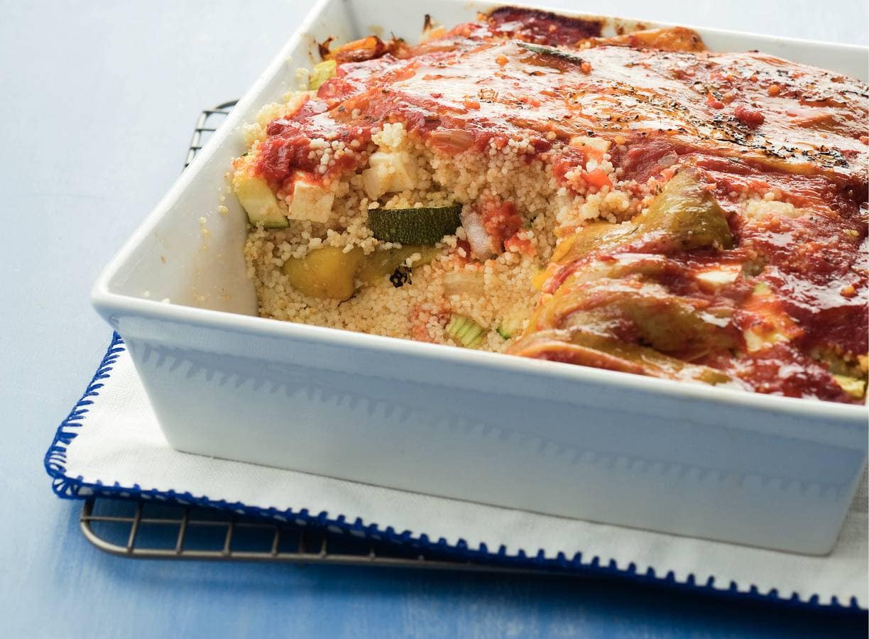 Ovenschotel van couscous en gele paprika