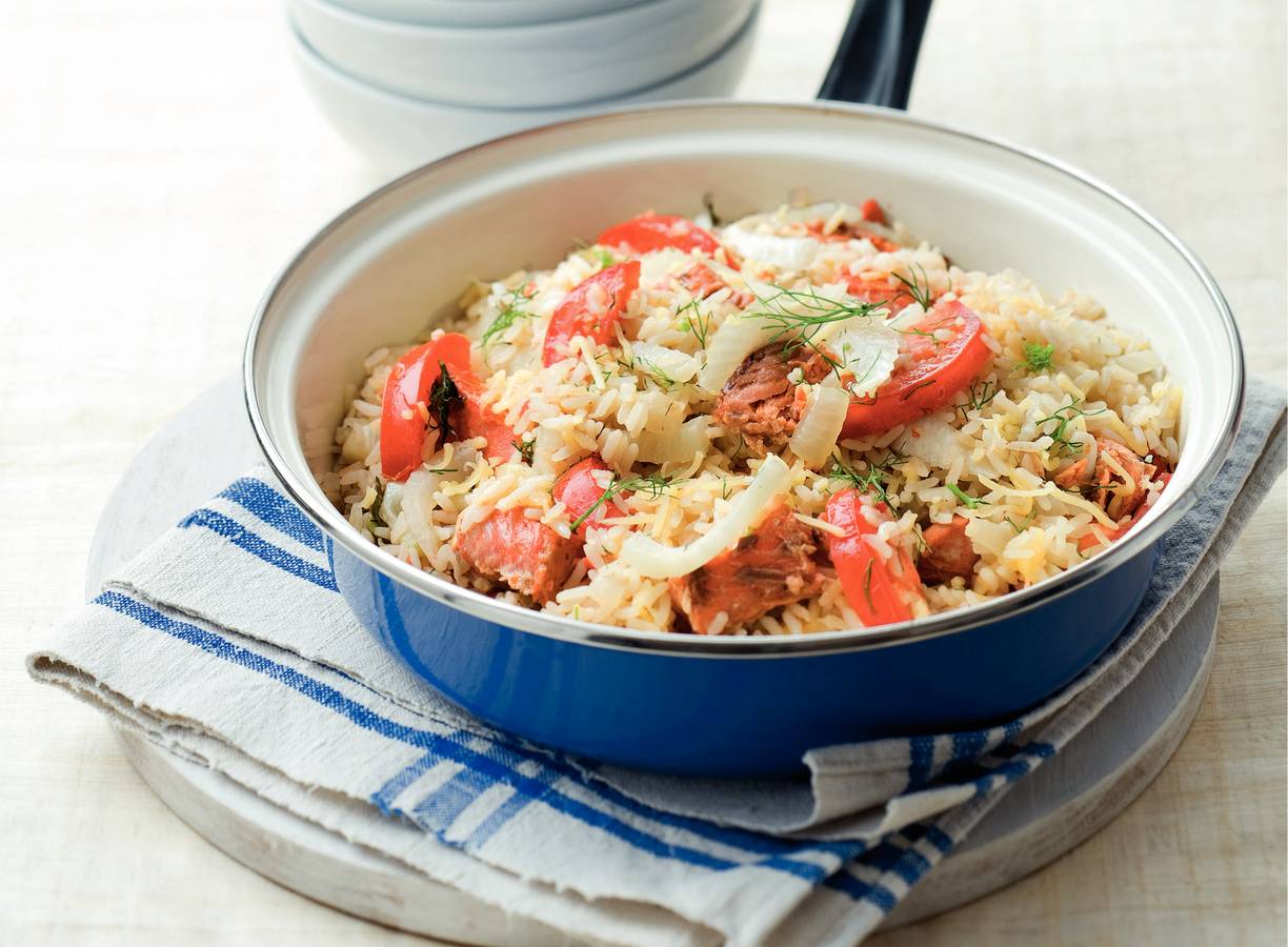 Rijstschotel met wilde zalm en venkel
