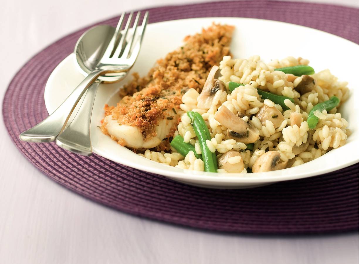 Krokante tilapiafilets met sperziebonenrisotto