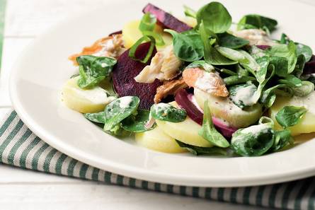 Lauwwarme veldsalade met makreel