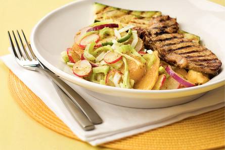 Lauwwarme aardappelsalade met mosterdkarbonades