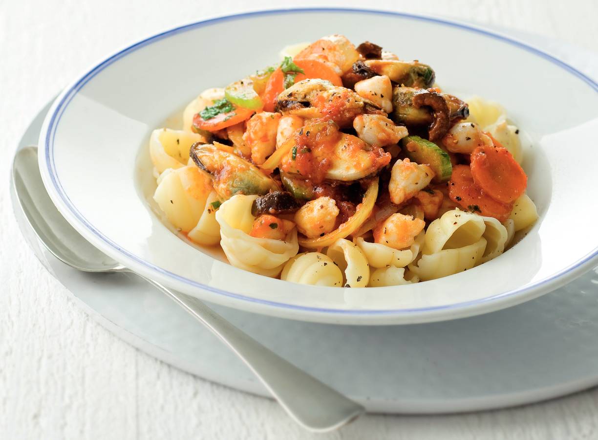 Pasta met krab en mosselen