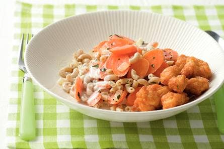 Kibbeling met romige worteltjesmacaroni