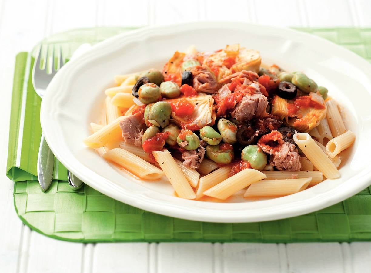 Penne met tonijn en tuinbonen