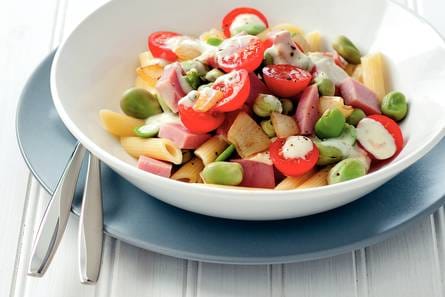 Pasta carbonara met tuinbonen en ham