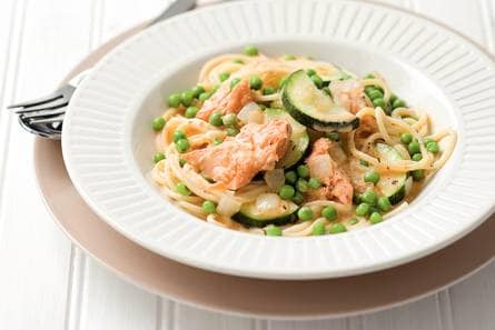 Romige spaghettini met zalm en pesto