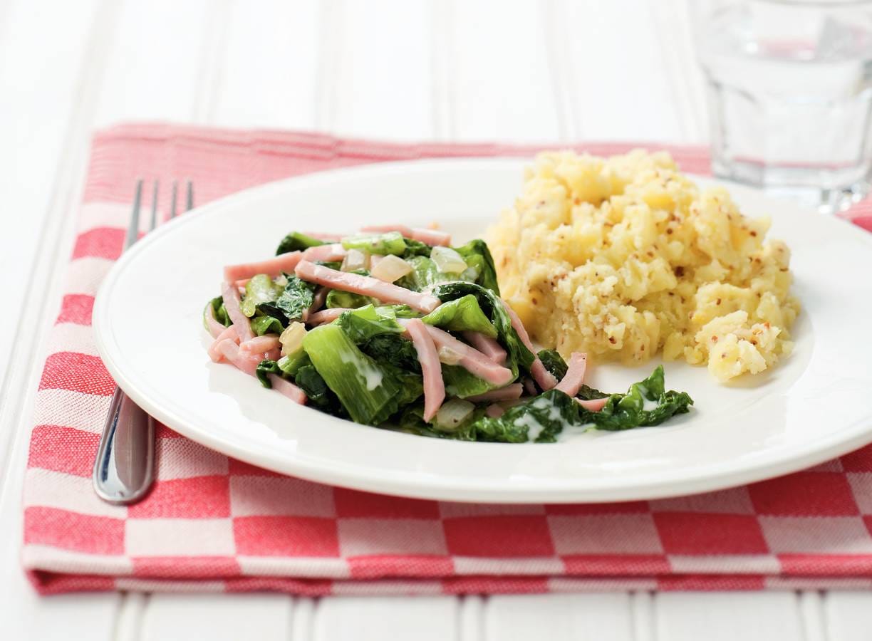 Roomandijvie met ham en mosterdpuree