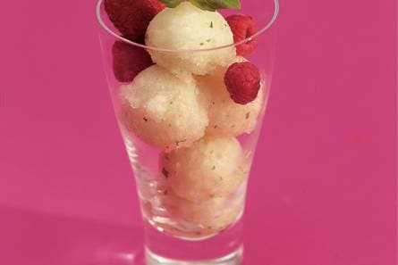 Appel-basilicumsorbet met frambozen