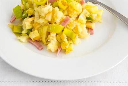 Ham-kaasstamppot met prei