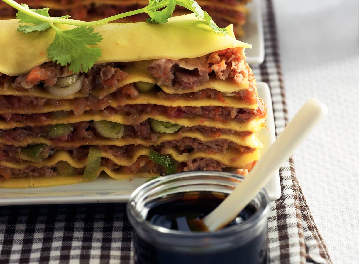 Chinese lasagne met gehakt en garnalen