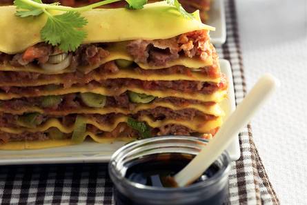 Chinese lasagne met gehakt en garnalen