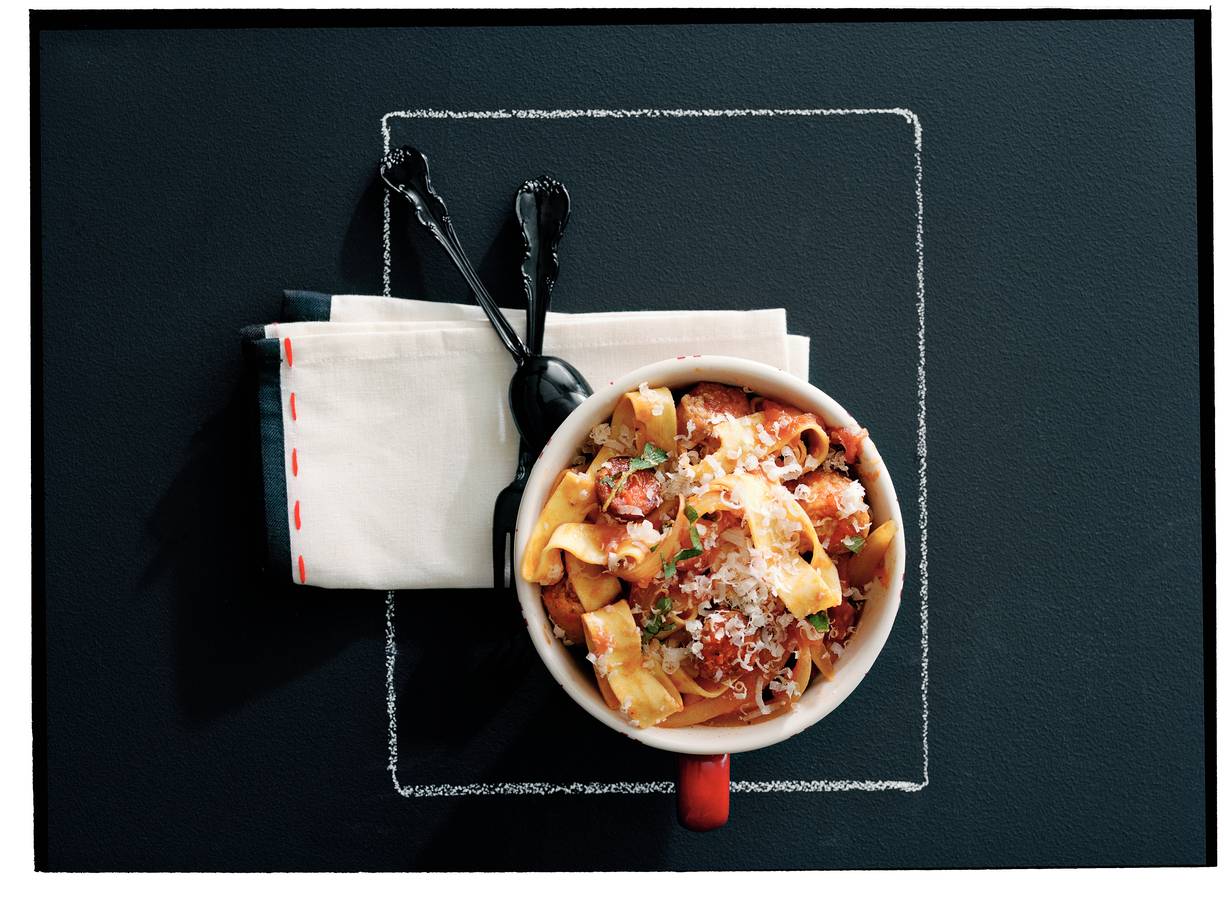 Pappardelle met pittige worst