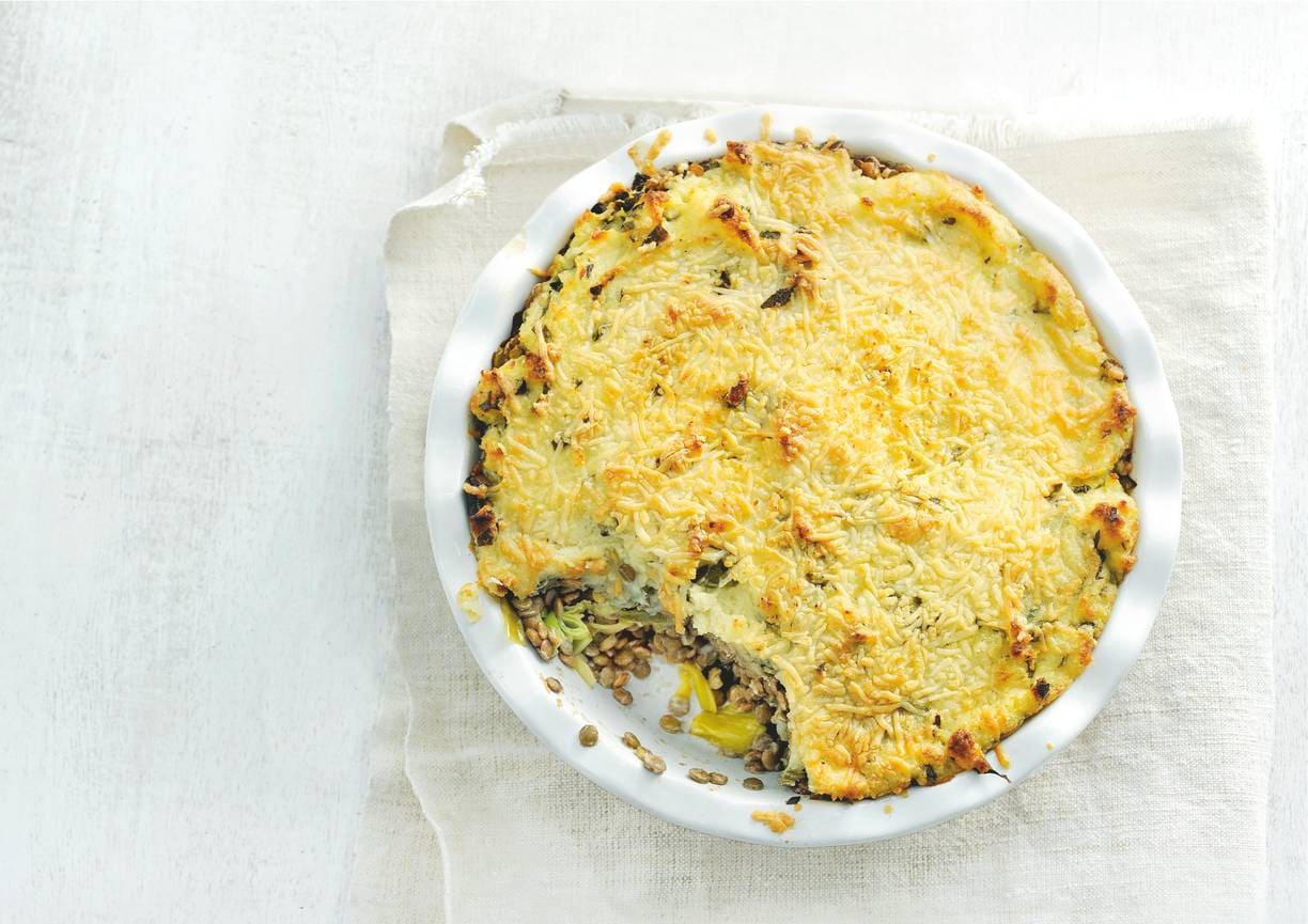 Linzenpie met prei, puree en geitenkaas