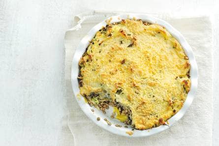 Linzenpie met prei, puree en geitenkaas