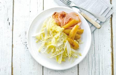 Witlofstamppot met bacon en peer