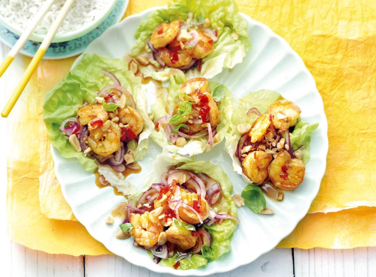 Garnalen met karamelsaus en citrusdressing