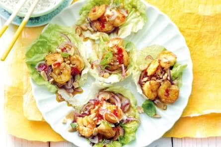 Garnalen met karamelsaus en citrusdressing