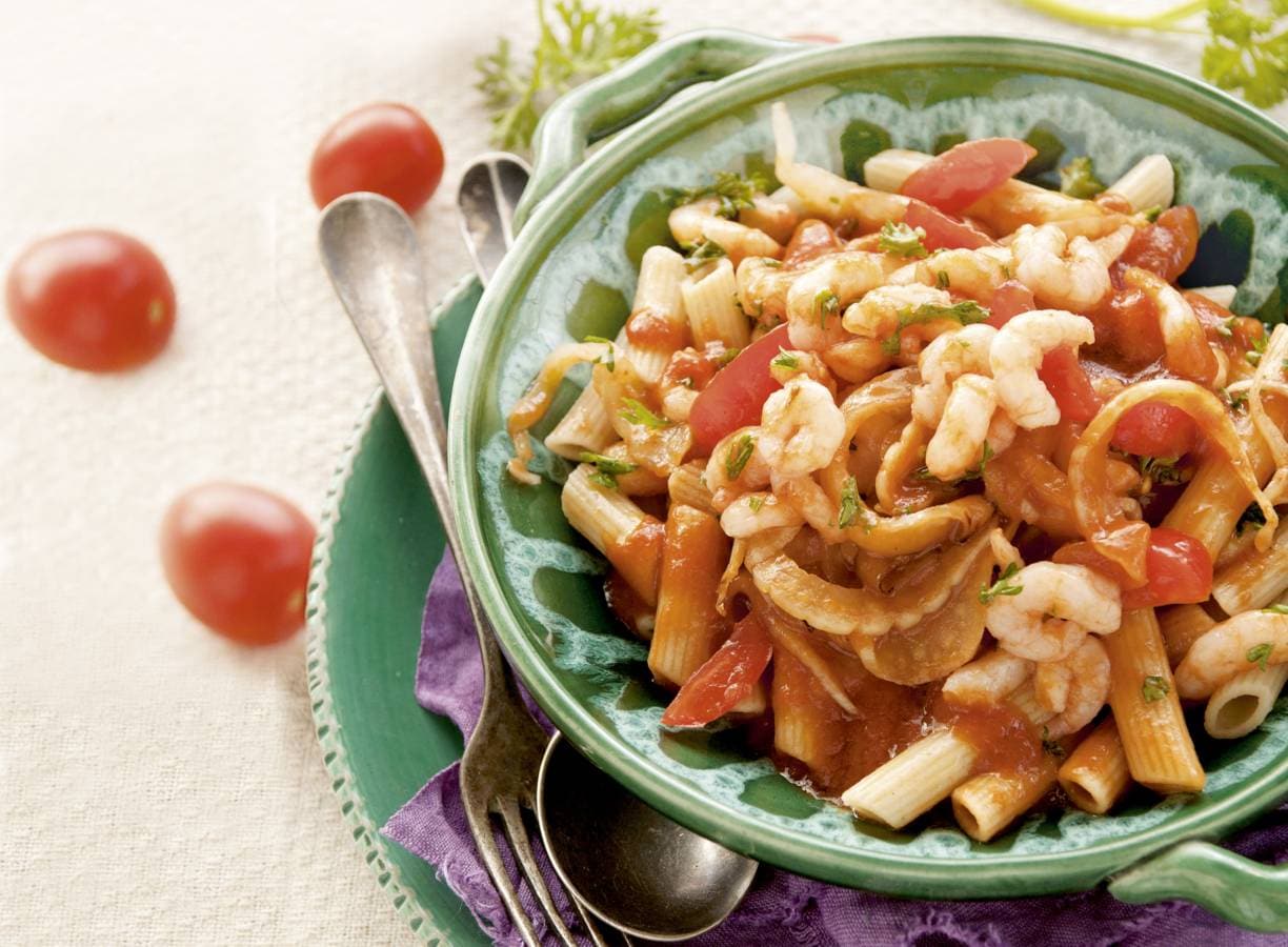 Penne met tomaatjes & garnalen