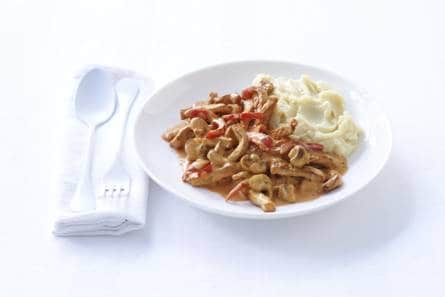 Snelle stroganoff met aardappelpuree