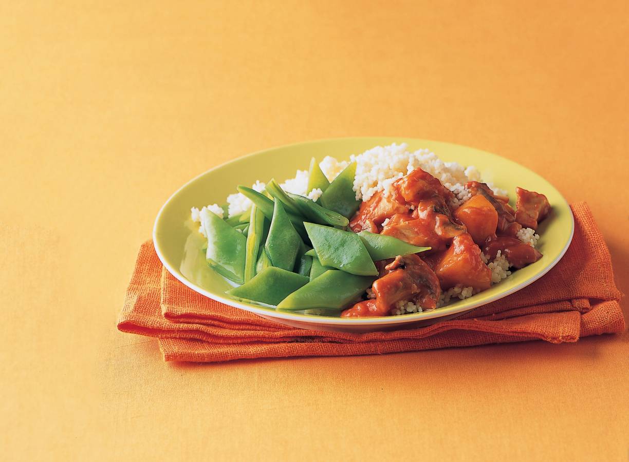 Couscous met kip, perzik en snijbonen